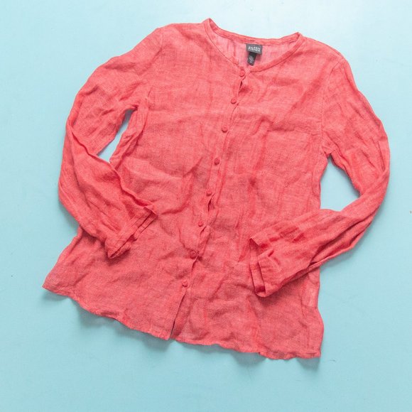 EIleen Fisher Red 100% Linen Knit Button Up Long Sleeve Shirt Size XSmall - Picture 1 of 6